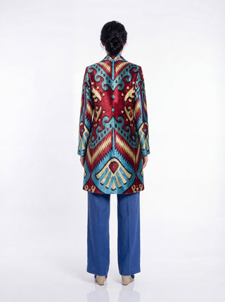 LONG SILK IKAT VELVET ENGLISH COLLAR JACKET VT13
