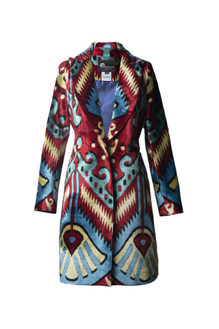LONG SILK IKAT VELVET ENGLISH COLLAR JACKET VT13