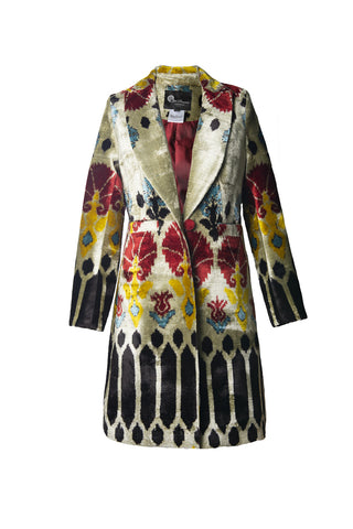 LONG SILK IKAT VELVET ENGLISH COLLAR JACKET VT14