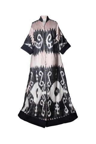 ONE-OF-A-KIND SILK IKAT MAXI KAFTAN / Light Pink and Grey