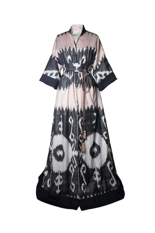 ONE-OF-A-KIND SILK IKAT MAXI KAFTAN / Light Pink and Grey