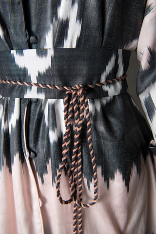 ONE-OF-A-KIND SILK IKAT MAXI KAFTAN / Light Pink and Grey