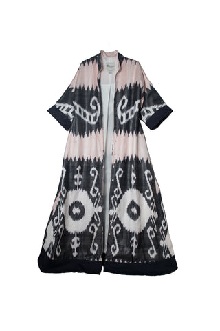 ONE-OF-A-KIND SILK IKAT MAXI KAFTAN / Light Pink and Grey