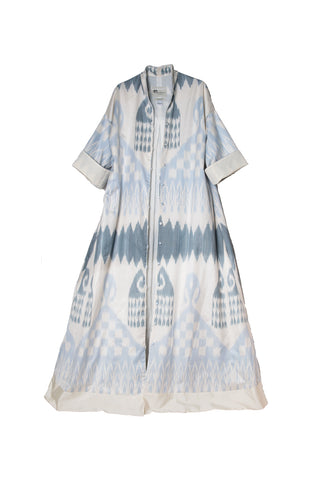 ONE-OF-A-KIND SILK IKAT MAXI KAFTAN / Light Blue and Grey