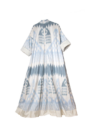 ONE-OF-A-KIND SILK IKAT MAXI KAFTAN / Light Blue and Grey