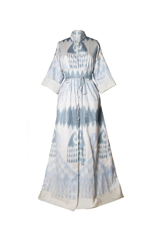 ONE-OF-A-KIND SILK IKAT MAXI KAFTAN / Light Blue and Grey