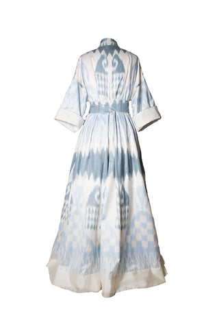 ONE-OF-A-KIND SILK IKAT MAXI KAFTAN / Light Blue and Grey
