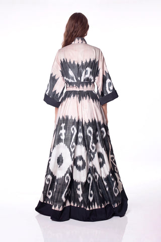 ONE-OF-A-KIND SILK IKAT MAXI KAFTAN / Light Pink and Grey