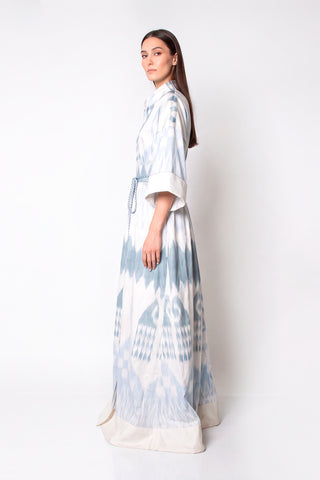 ONE-OF-A-KIND SILK IKAT MAXI KAFTAN / Light Blue and Grey