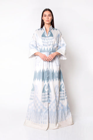 ONE-OF-A-KIND SILK IKAT MAXI KAFTAN / Light Blue and Grey