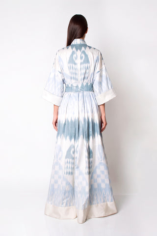 ONE-OF-A-KIND SILK IKAT MAXI KAFTAN / Light Blue and Grey