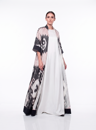 ONE-OF-A-KIND SILK IKAT MAXI KAFTAN / Light Pink and Grey