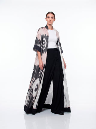 ONE-OF-A-KIND SILK IKAT MAXI KAFTAN / Light Pink and Grey