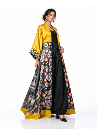 ONE-OF-A-KIND SILK IKAT KAFTAN WITH SUZANI HAND-EMBROIDERY IK19
