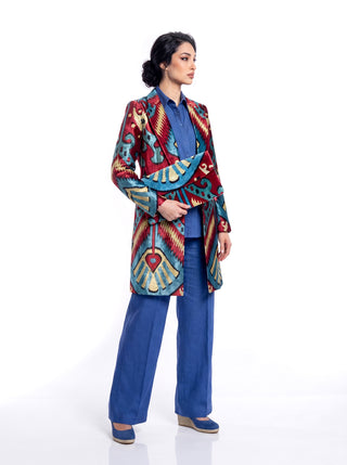 LONG SILK IKAT VELVET ENGLISH COLLAR JACKET VT13