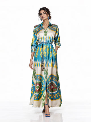 SILK IKAT SHIRT DRESS | BLUE