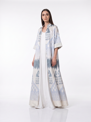 ONE-OF-A-KIND SILK IKAT MAXI KAFTAN / Light Blue and Grey