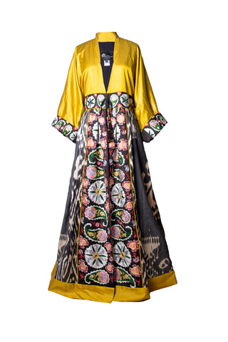 ONE-OF-A-KIND SILK IKAT KAFTAN WITH SUZANI HAND-EMBROIDERY IK19