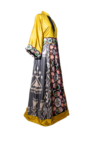 ONE-OF-A-KIND SILK IKAT KAFTAN WITH SUZANI HAND-EMBROIDERY IK19