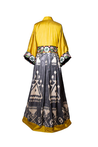 ONE-OF-A-KIND SILK IKAT KAFTAN WITH SUZANI HAND-EMBROIDERY IK19