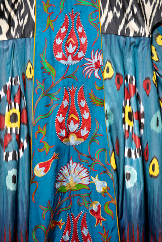 ONE-OF-A-KIND SILK IKAT KAFTAN WITH SUZANI HAND-EMBROIDERY IK22