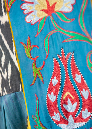 ONE-OF-A-KIND SILK IKAT KAFTAN WITH SUZANI HAND-EMBROIDERY IK22