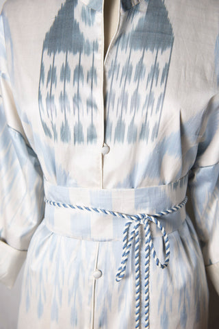 ONE-OF-A-KIND SILK IKAT MAXI KAFTAN / Light Blue and Grey