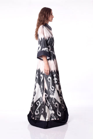 ONE-OF-A-KIND SILK IKAT MAXI KAFTAN / Light Pink and Grey