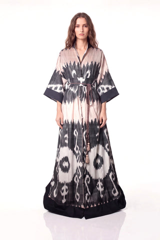 ONE-OF-A-KIND SILK IKAT MAXI KAFTAN / Light Pink and Grey
