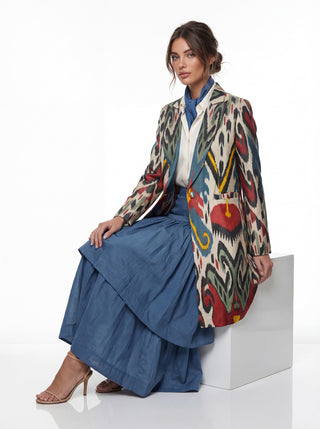 LONG SILK IKAT ENGLISH COLLAR JACKET IK83