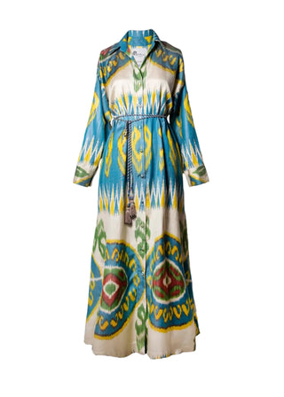 ikat silk dress J.McLaughlin Women's Freda Silk Blend Dress in Seagrass Ikat Off White/Blue, Size Large